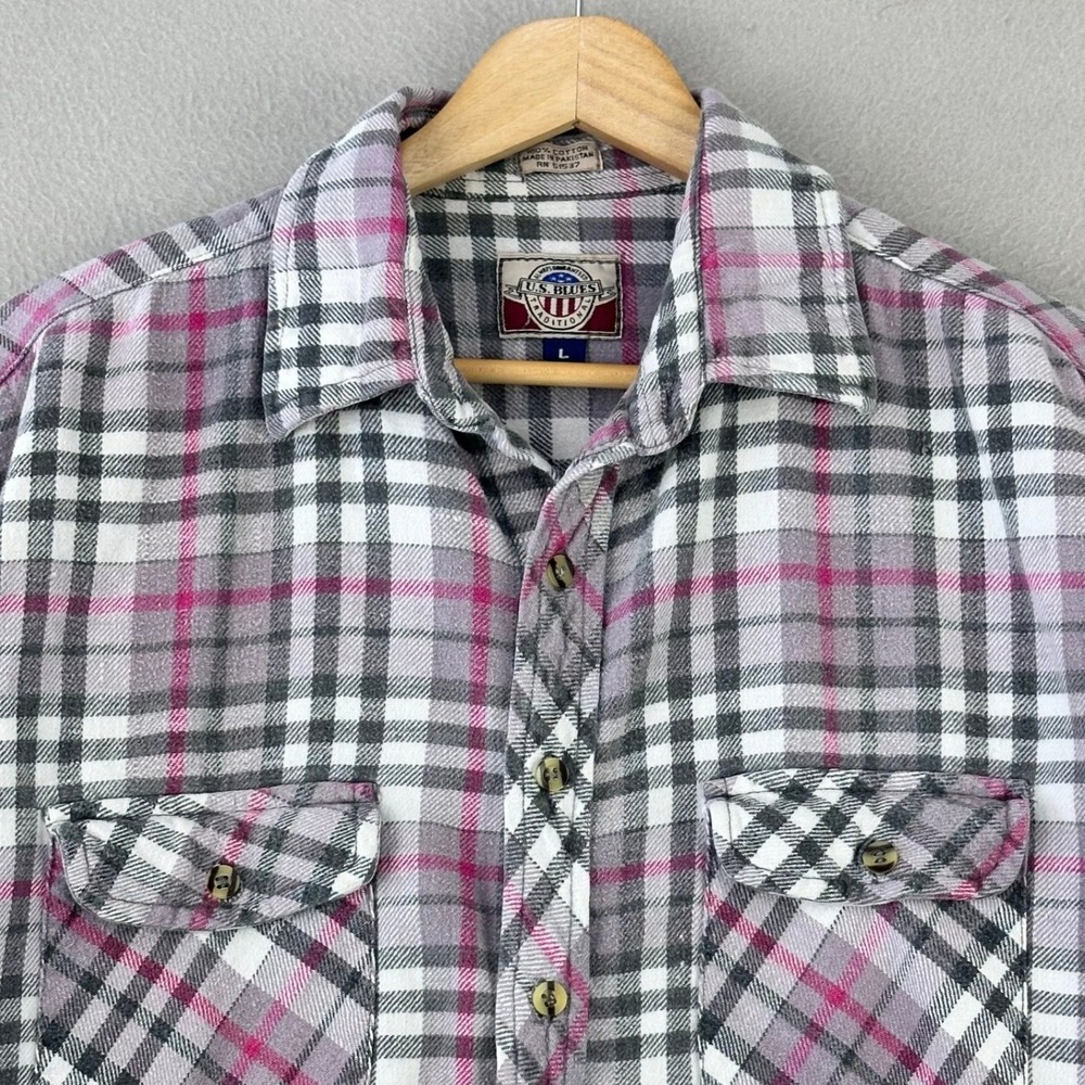 Vintage Plaid Flannel Shirt Mens Large Gray Pink Cotton Button Up U.S. Blues 90s